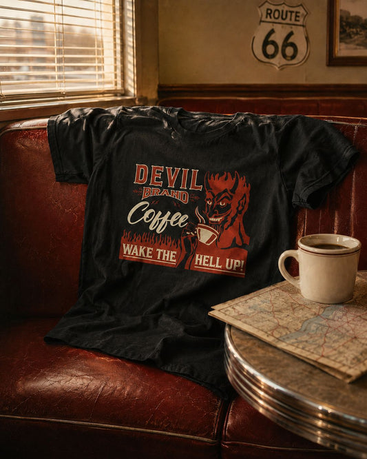 Black Devil Brand Wake The Hell Up coffee tee on a vintage diner booth beside a coffee cup and road map.