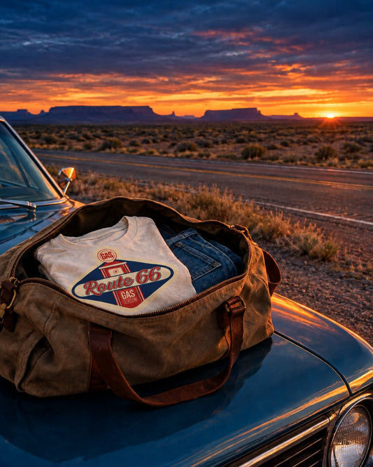 White Route 66 gas-station graphic tee packed beside denim in a canvas bag on a vintage car at sunset.