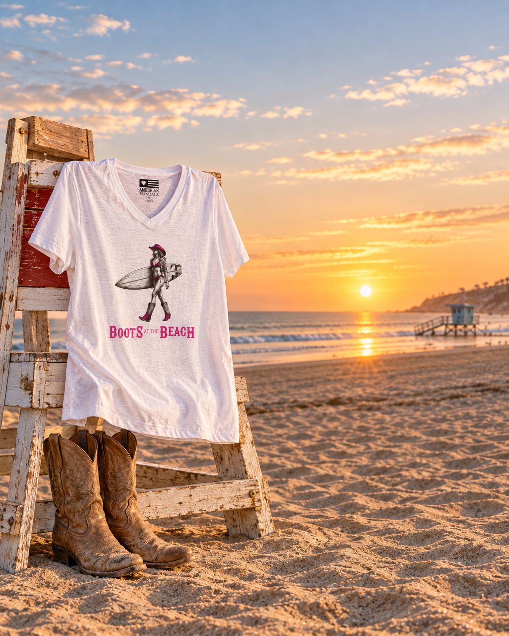 Boots at the Beach white V-neck tee reframed with the full graphic centered against a beach sunrise.